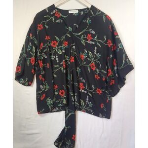 Twelve Months Black Floral V-Neck Kimono Sleeve Tie Front Blouse Top whimsical